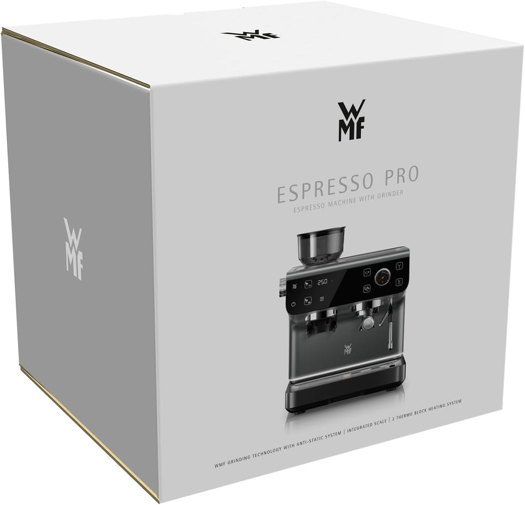 WMF Espresso Pro Siebträgermaschine, halbautomatische Espressomaschine mit Mahlwerk, 15 bar Druck, integrierte Waage, Doppel-Thermoblock Technologie, schnelles Erhitzen, Steingrau