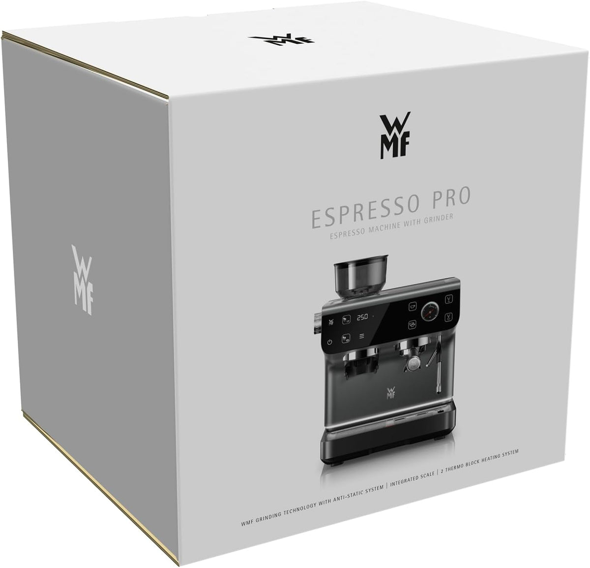 WMF Espresso Pro Siebträgermaschine, halbautomatische Espressomaschine mit Mahlwerk, 15 bar Druck, integrierte Waage, Doppel-Thermoblock Technologie, schnelles Erhitzen, Steingrau