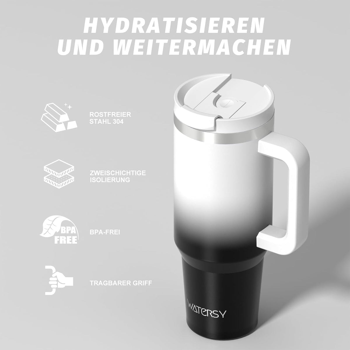 WATERSY 1.2L Thermobecher mit 2 Strohhalmen, Trinkbecher Auslaufsicherer Kaffeebecher To Go Vakuum-Isoliert mit BPA frei Schraubdeckel, Trinkflasche Kühlt 12 Stunden,Tiefseelndigo