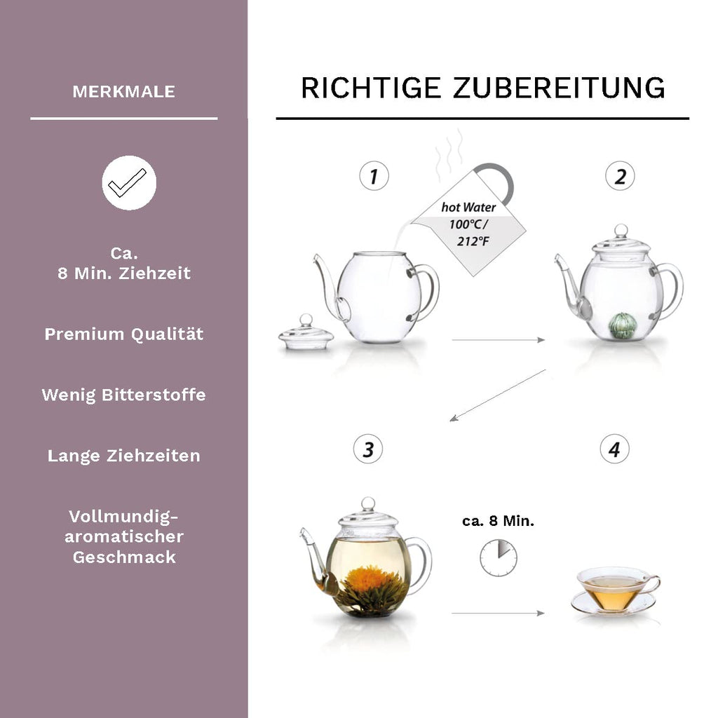 Creano 6 Teeblumen Geschenkbox weißer, schwarzer & grüner Tee in edler Magnetbox mit Silberprägung - 6 verschiedene Sorten - Geschenk zu Weihnachten