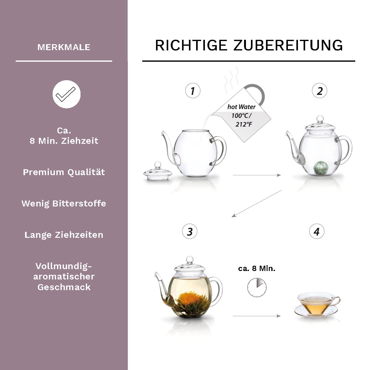 Creano 6 Teeblumen Geschenkbox weißer, schwarzer & grüner Tee in edler Magnetbox mit Silberprägung - 6 verschiedene Sorten - Geschenk zu Weihnachten