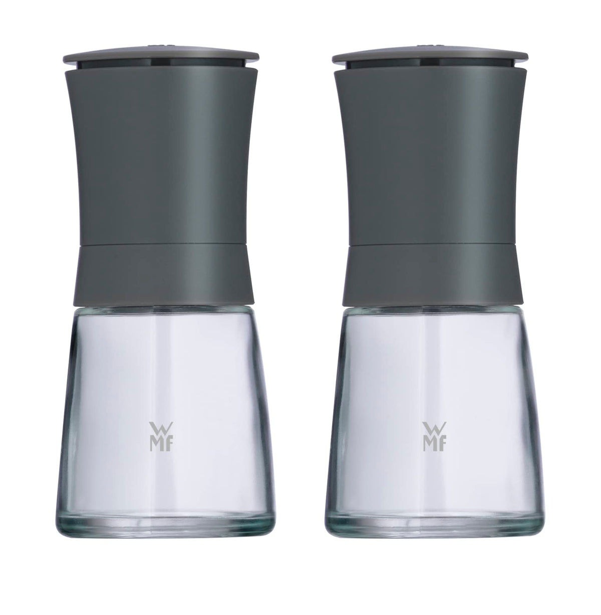WMF Trend Mühlenset 2tlg, Salz- und Pfeffermühle unbefüllt, Glasbehälter, Keramikmahlwerk, Mühle für Salz und Pfeffer, Gewürze, spülmaschinengeeignet, grau