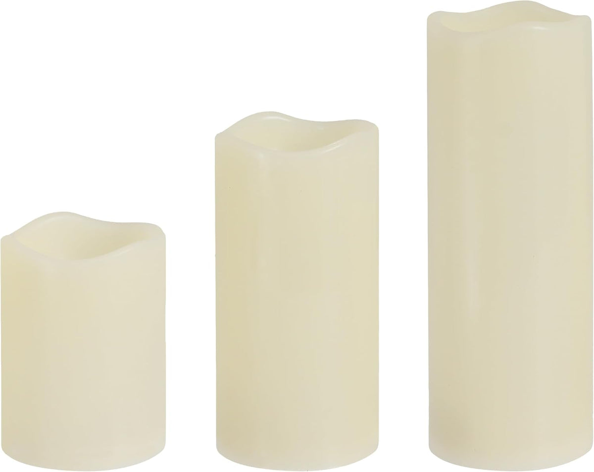3er Set LED Kerzen Echtwachs-Optik Outdoor | 3 Größen Kunststoff elfenbein | Flackerfunktion warmweiß inkl. 5h Timer batteriebetrieben
