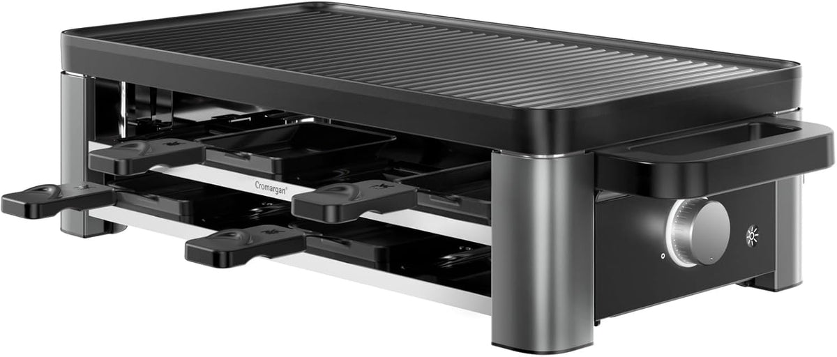 WMF Lono Raclette-Grill für 8 Personen, leistungsstark, gleichmäßiges Grillen und Überbacken, antihaftbeschichtete Pfännchen und Schieber, für idyllische Raclette-Abende, aus edlem Cromargan-Edelstahl