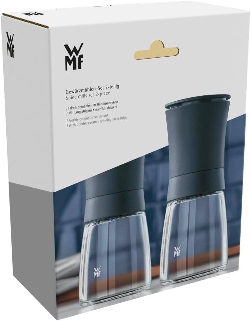WMF Trend Mühlenset 2tlg, Salz- und Pfeffermühle unbefüllt, Glasbehälter, Keramikmahlwerk, Mühle für Salz und Pfeffer, Gewürze, spülmaschinengeeignet, grau