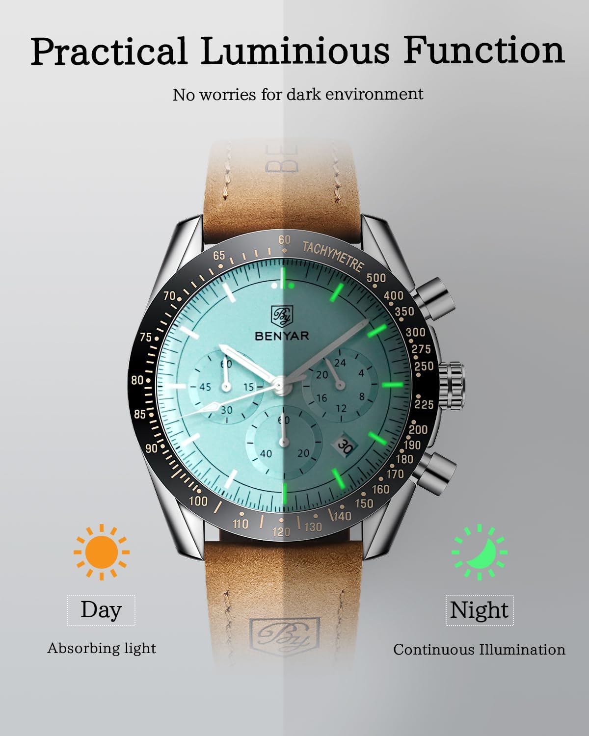 BENYAR Uhren Herren Analog Quarz Chronograph Herrenuhren Wasserdicht Datum Lederband Armbanduhr Lässig Business-Kleid fur Männer Klassische Elegantes Geschenk