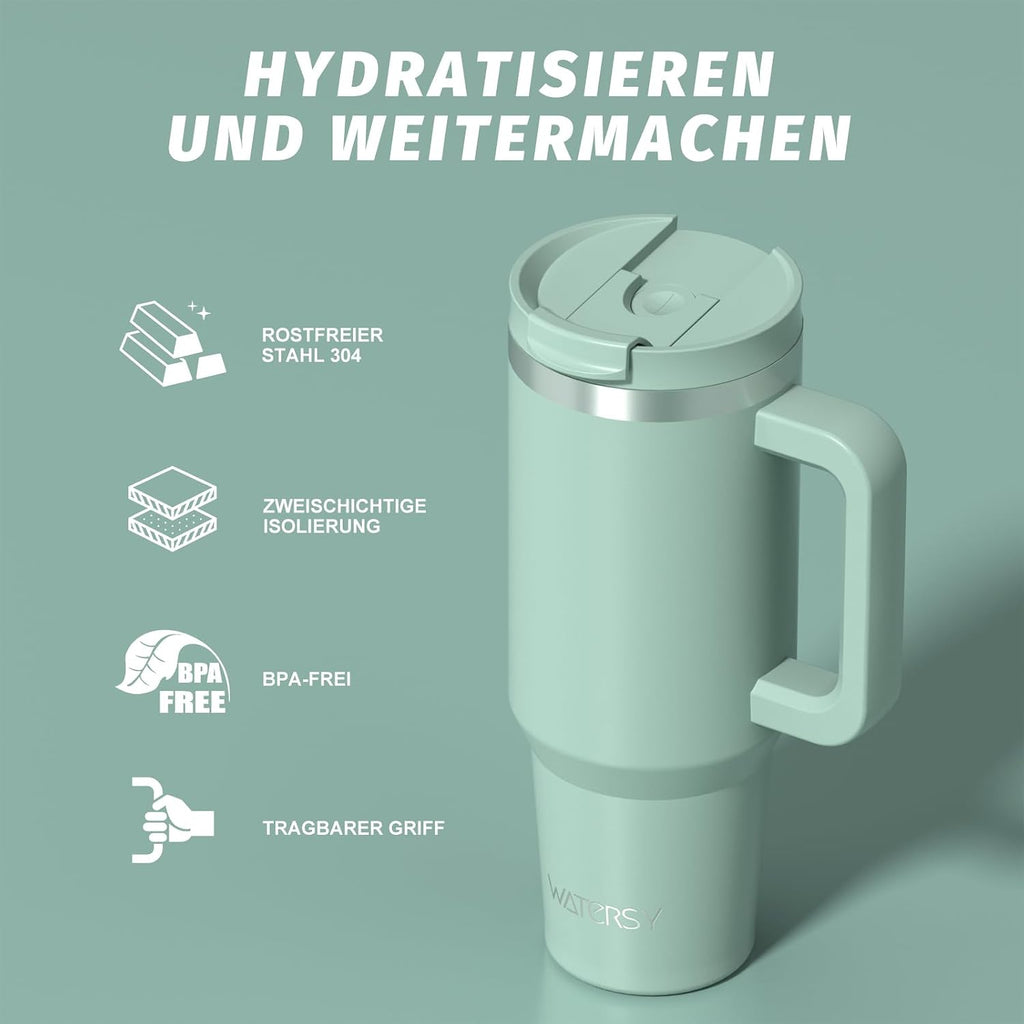 WATERSY 1.2L Thermobecher mit 2 Strohhalmen, Trinkbecher Auslaufsicherer Kaffeebecher To Go Vakuum-Isoliert mit BPA frei Schraubdeckel, Trinkflasche Kühlt 12 Stunden,Tiefseelndigo