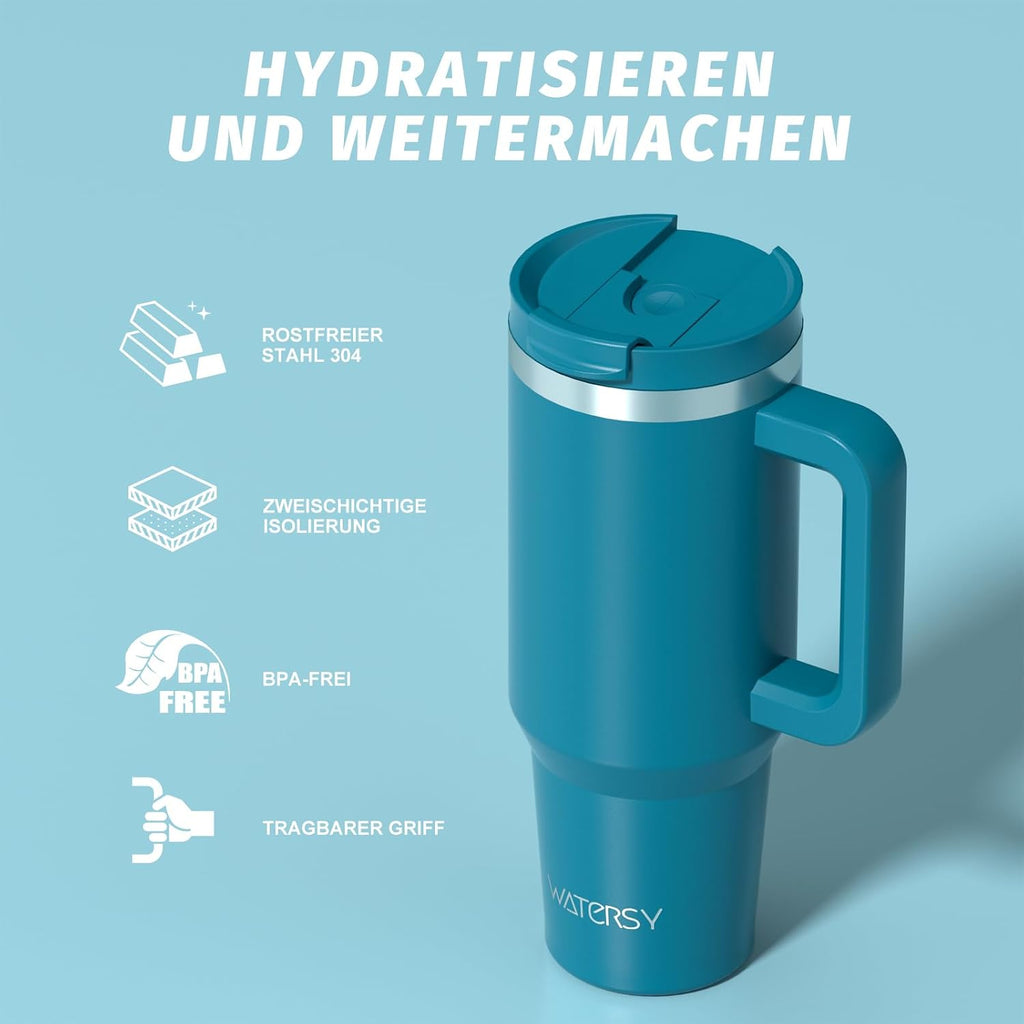 WATERSY 1.2L Thermobecher mit 2 Strohhalmen, Trinkbecher Auslaufsicherer Kaffeebecher To Go Vakuum-Isoliert mit BPA frei Schraubdeckel, Trinkflasche Kühlt 12 Stunden,Tiefseelndigo