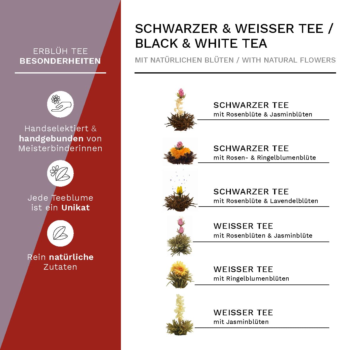 Creano 6 Teeblumen Geschenkbox weißer, schwarzer & grüner Tee in edler Magnetbox mit Silberprägung - 6 verschiedene Sorten - Geschenk zu Weihnachten