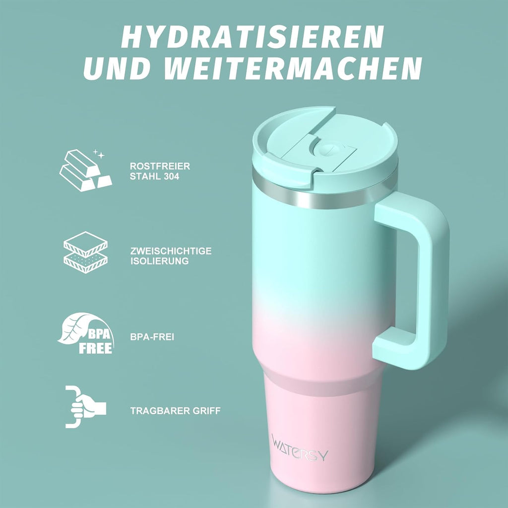 WATERSY 1.2L Thermobecher mit 2 Strohhalmen, Trinkbecher Auslaufsicherer Kaffeebecher To Go Vakuum-Isoliert mit BPA frei Schraubdeckel, Trinkflasche Kühlt 12 Stunden,Tiefseelndigo