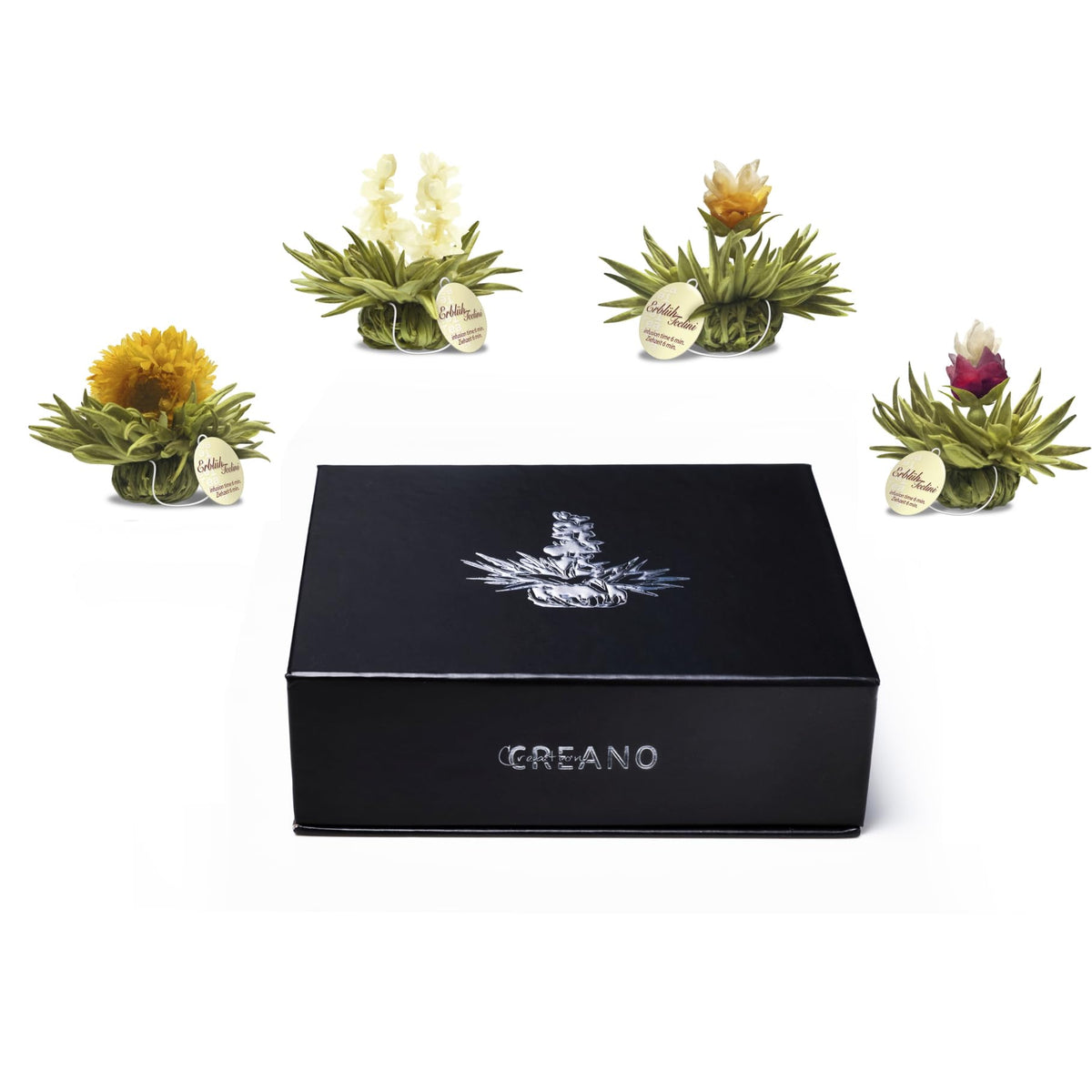 Creano 6 Teeblumen Geschenkbox weißer, schwarzer & grüner Tee in edler Magnetbox mit Silberprägung - 6 verschiedene Sorten - Geschenk zu Weihnachten