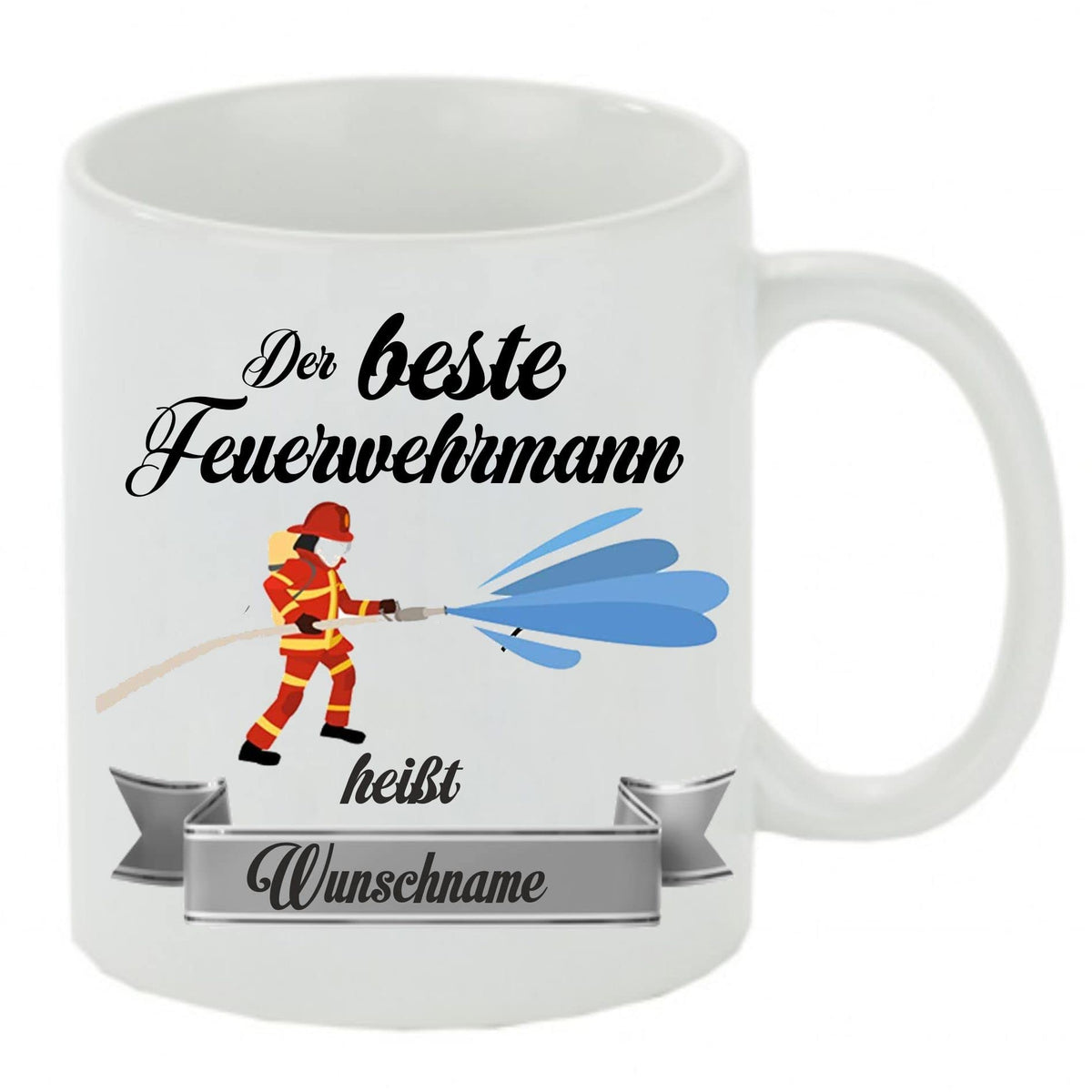 Crealuxe Edelstahltasse mit Karabiner - Der Beste Feuerwehrmann heißt Wunschname - 330ml, Tasse personalisiert, Kaffeetasse, Bürotasse, Metalltasse mit Name