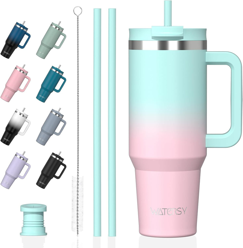WATERSY 1.2L Thermobecher mit 2 Strohhalmen, Trinkbecher Auslaufsicherer Kaffeebecher To Go Vakuum-Isoliert mit BPA frei Schraubdeckel, Trinkflasche Kühlt 12 Stunden,Tiefseelndigo