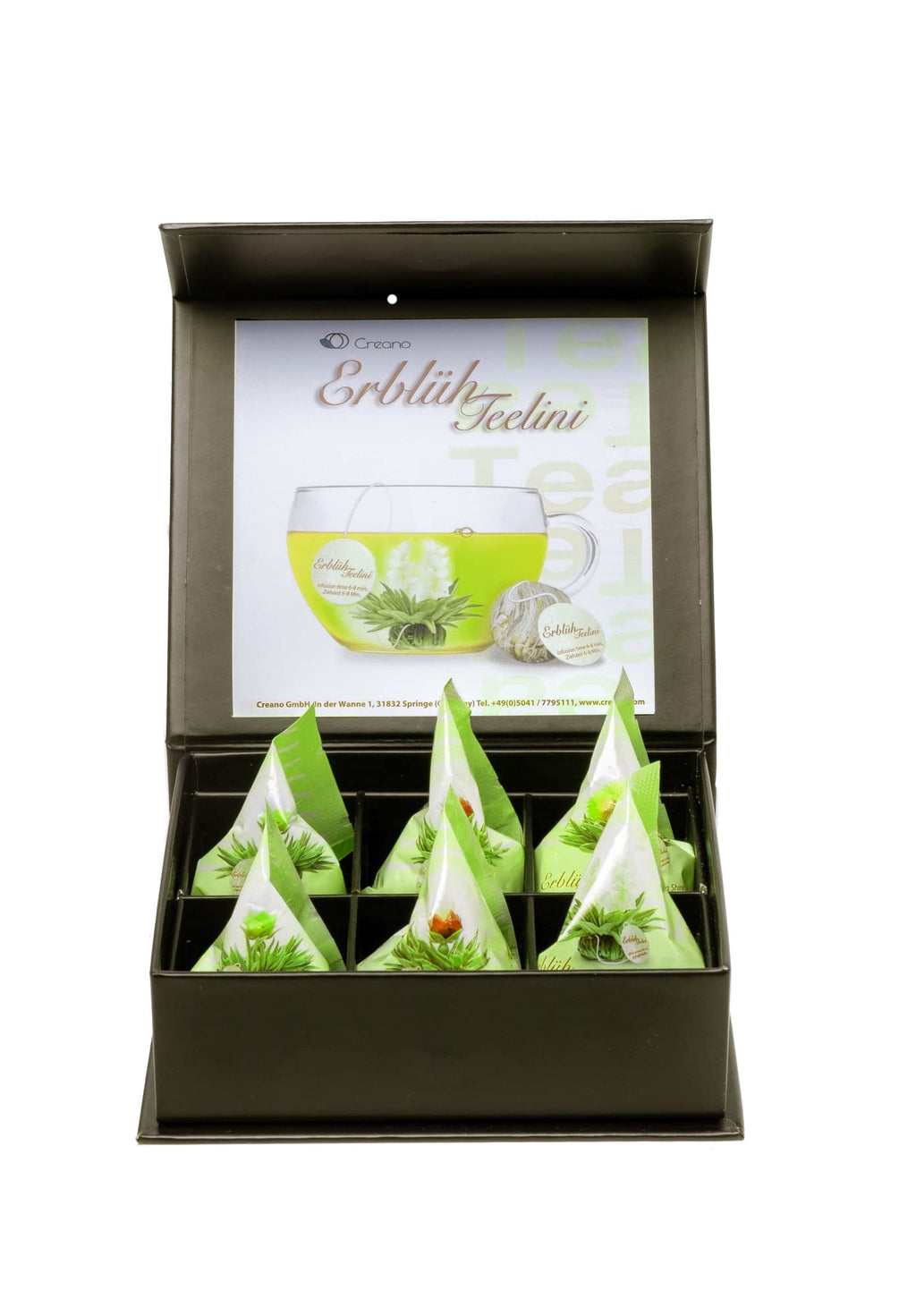 Creano 6 Teeblumen Geschenkbox weißer, schwarzer & grüner Tee in edler Magnetbox mit Silberprägung - 6 verschiedene Sorten - Geschenk zu Weihnachten