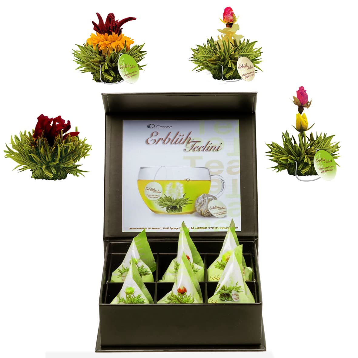 Creano 6 Teeblumen Geschenkbox weißer, schwarzer & grüner Tee in edler Magnetbox mit Silberprägung - 6 verschiedene Sorten - Geschenk zu Weihnachten