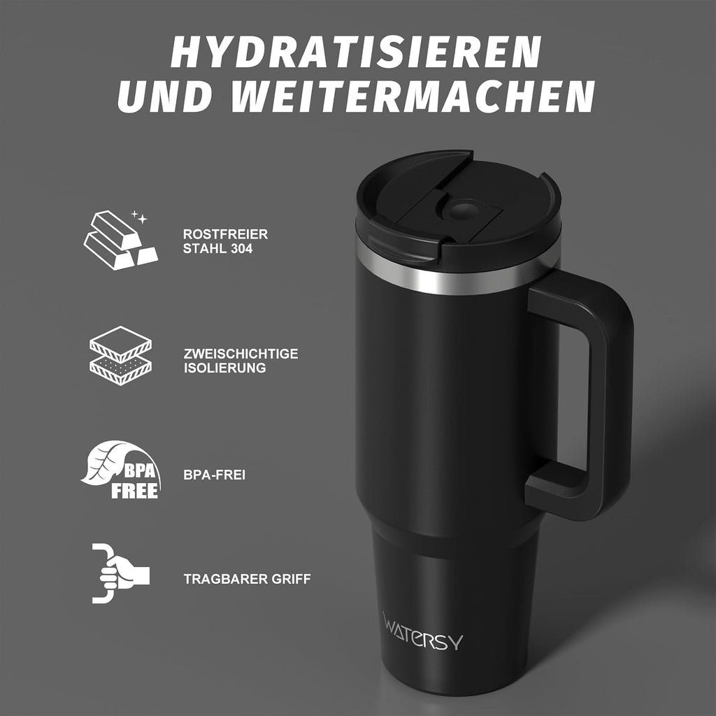 WATERSY 1.2L Thermobecher mit 2 Strohhalmen, Trinkbecher Auslaufsicherer Kaffeebecher To Go Vakuum-Isoliert mit BPA frei Schraubdeckel, Trinkflasche Kühlt 12 Stunden,Tiefseelndigo