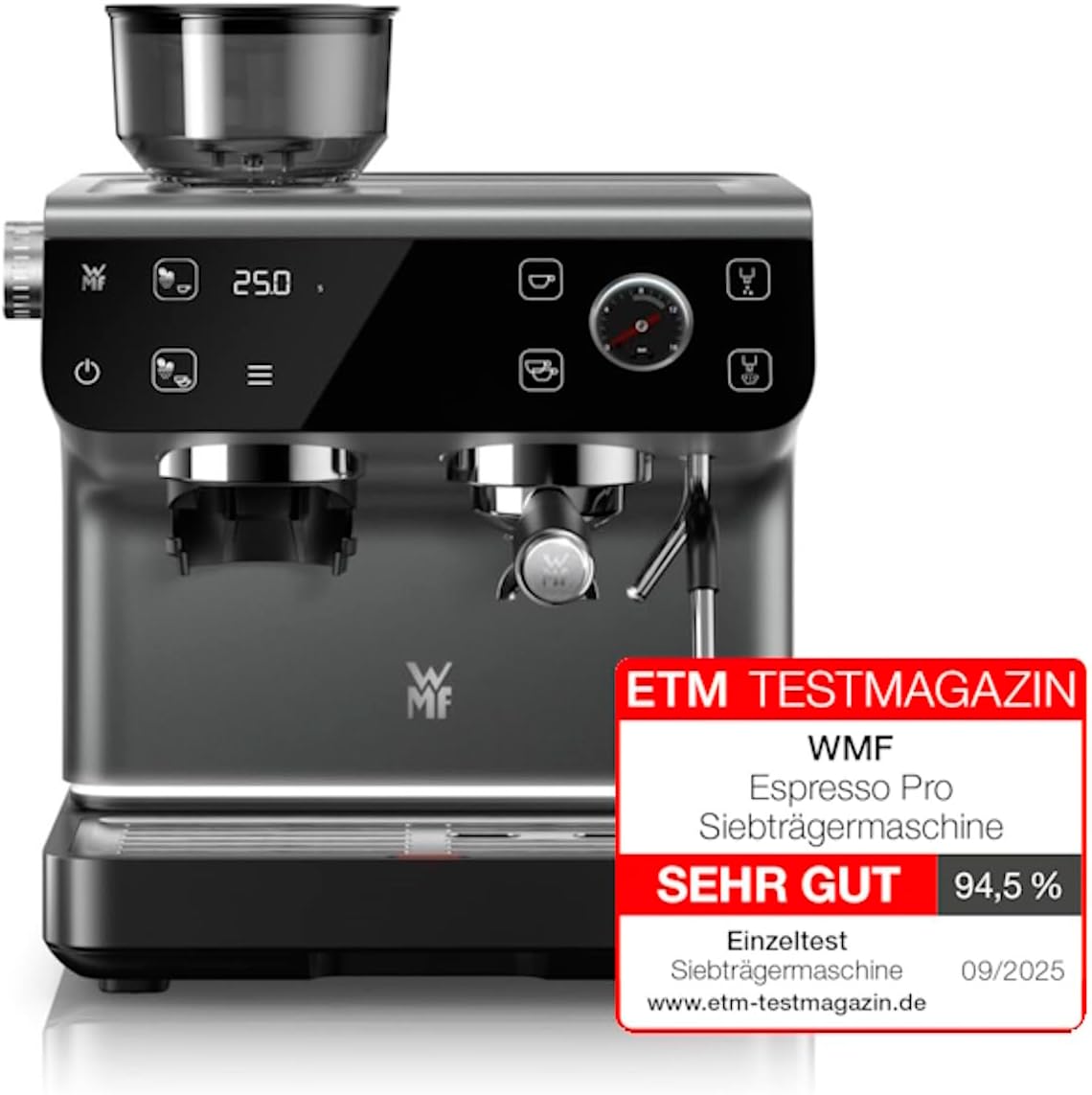 WMF Espresso Pro Siebträgermaschine, halbautomatische Espressomaschine mit Mahlwerk, 15 bar Druck, integrierte Waage, Doppel-Thermoblock Technologie, schnelles Erhitzen, Steingrau