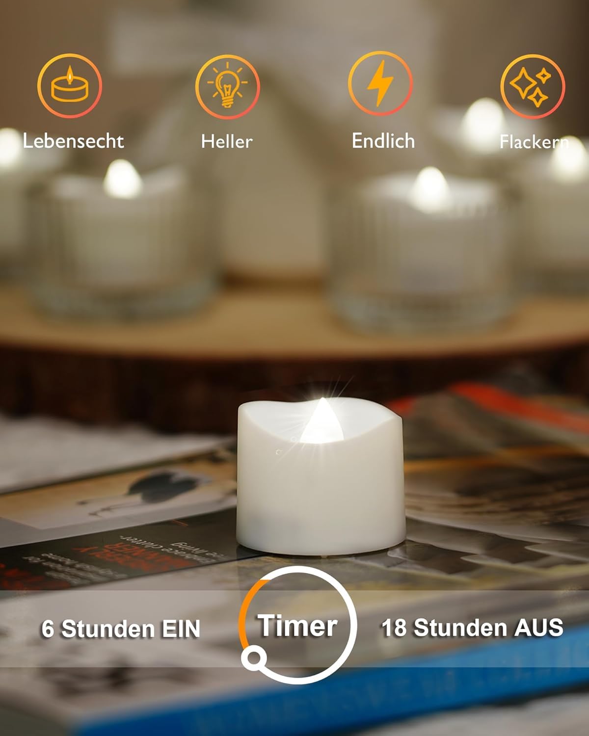 Homemory 12 led teelichter mit Timer, elektrische flackernde batteriebetriebene Kerzen, 6 Stunden an und 18 Stunden aus, 3.2x3.6 cm, Plastik