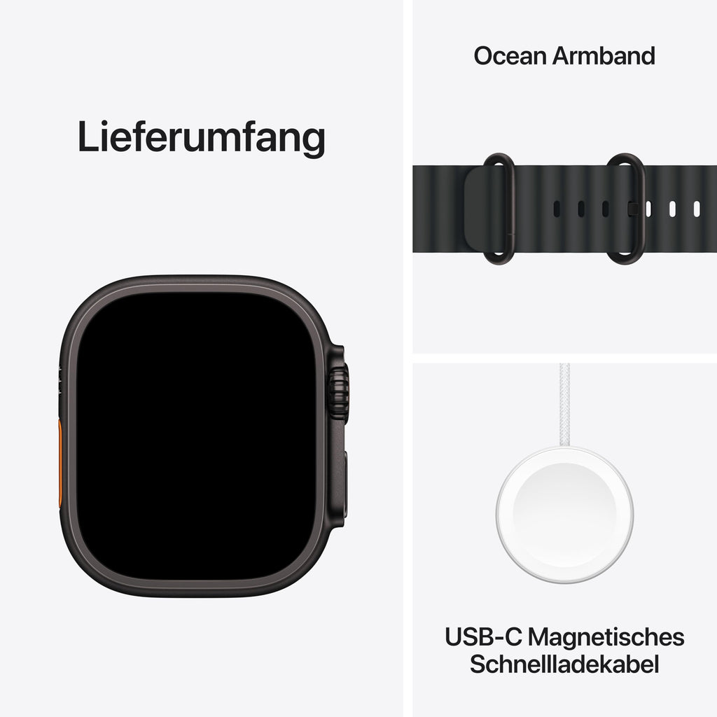 Apple Watch Ultra 3 GPS + Cellular 49 mm Premium Smartwatch für Lauftraining und Kombinationssport mit robustem Titangehäuse in Schwarz und Trail Loop in Schwarz/Kohlegrau (M/L)