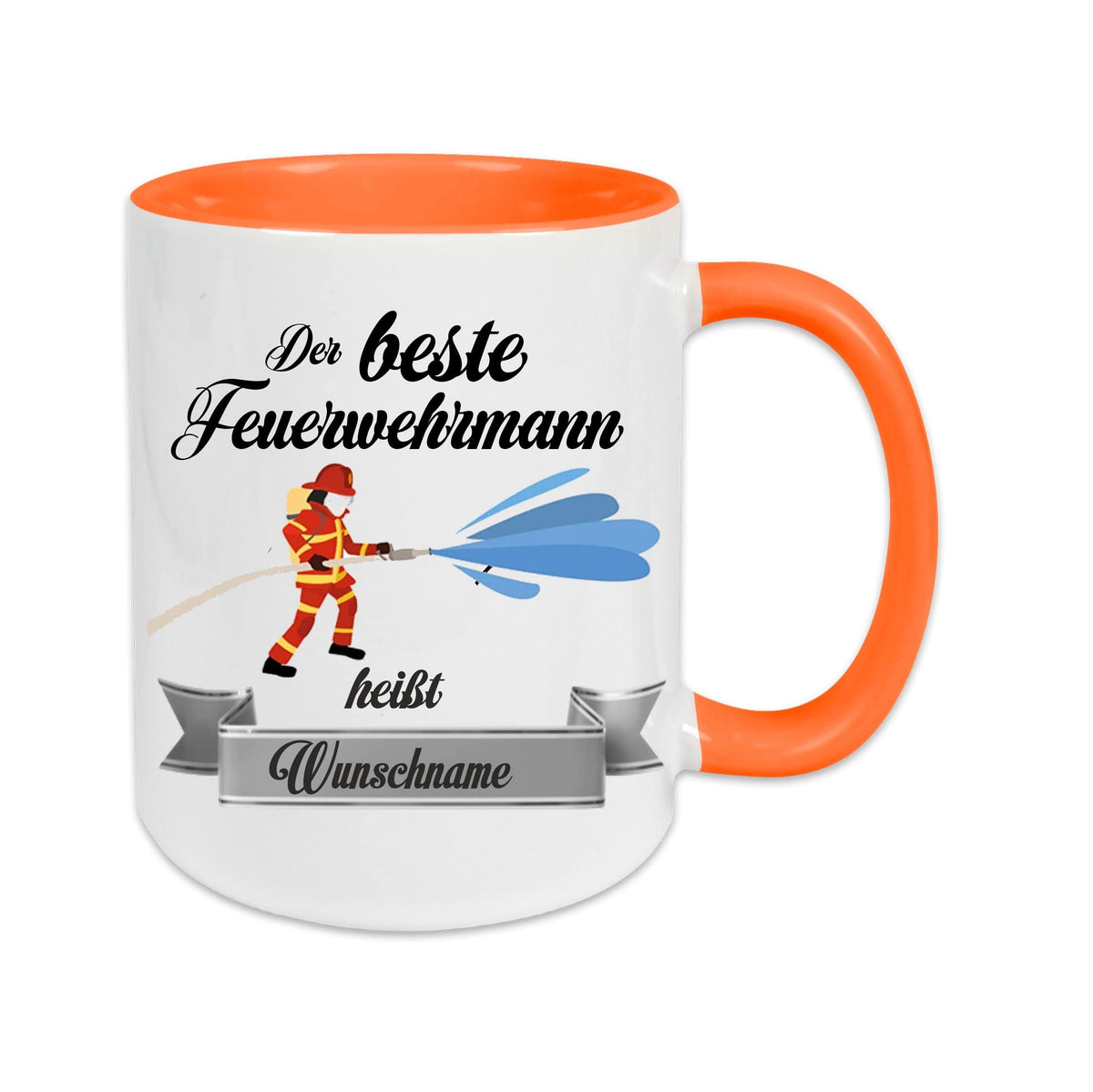 Crealuxe Edelstahltasse mit Karabiner - Der Beste Feuerwehrmann heißt Wunschname - 330ml, Tasse personalisiert, Kaffeetasse, Bürotasse, Metalltasse mit Name