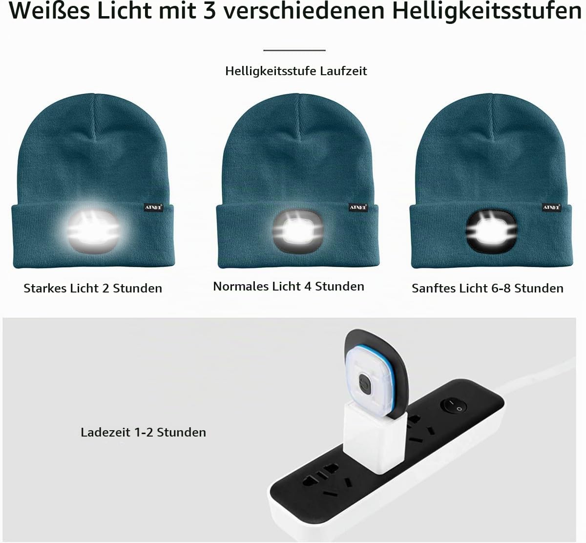 ATNKE LED Beleuchtete Mütze,Wiederaufladbare USB Laufmütze mit Licht Extrem Heller 4 LED Lampe Winter Warme Stirnlampe für Herren und Damen Geschenke