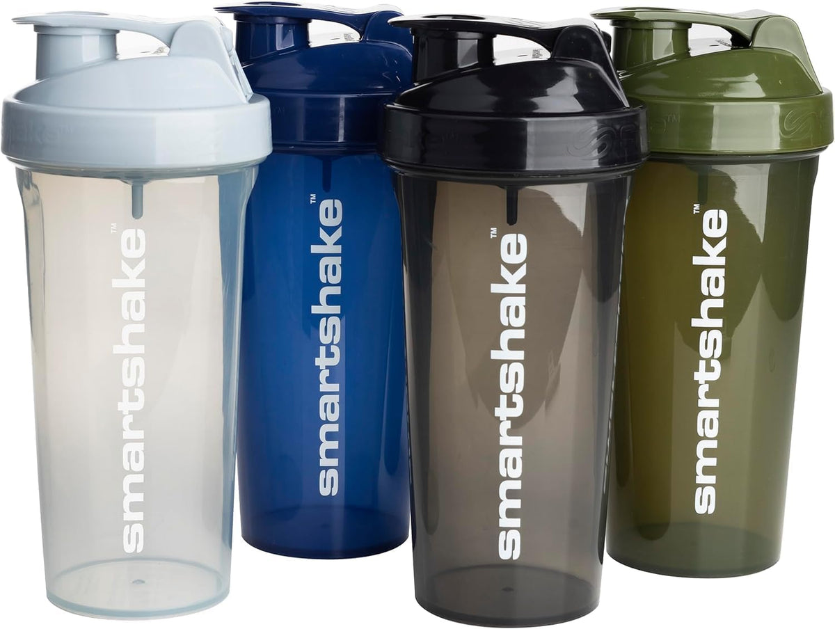 Smartshake O2GO 4er-Pack Protein Shaker Flasche mit Pulverfach 600 ml | 20 oz – Auslaufsicherer Schraubdeckel – BPA frei – Unisex Gym Shaker – Nebelgrau, Armeegrün, Schwarz, Marineblau