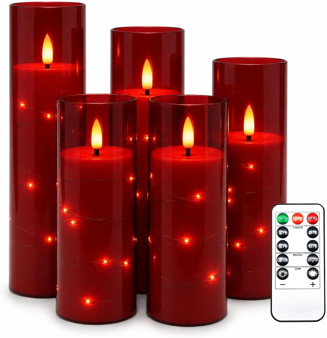 Da by 5 Stück Graue LED Kerzen mit Feenlichtkette, Schwarzer Flackerflamme, Graue Glasabdeckung, Batteriebetrieben mit Fernbedienung, Wetterfest für Innen- & Außendekoration