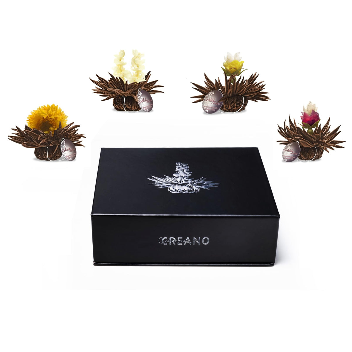 Creano 6 Teeblumen Geschenkbox weißer, schwarzer & grüner Tee in edler Magnetbox mit Silberprägung - 6 verschiedene Sorten - Geschenk zu Weihnachten