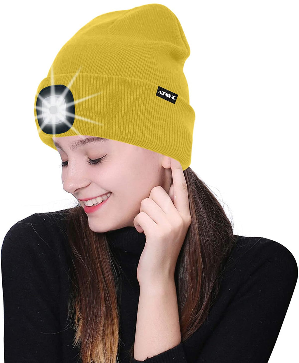 ATNKE LED Beleuchtete Mütze,Wiederaufladbare USB Laufmütze mit Licht Extrem Heller 4 LED Lampe Winter Warme Stirnlampe für Herren und Damen Geschenke