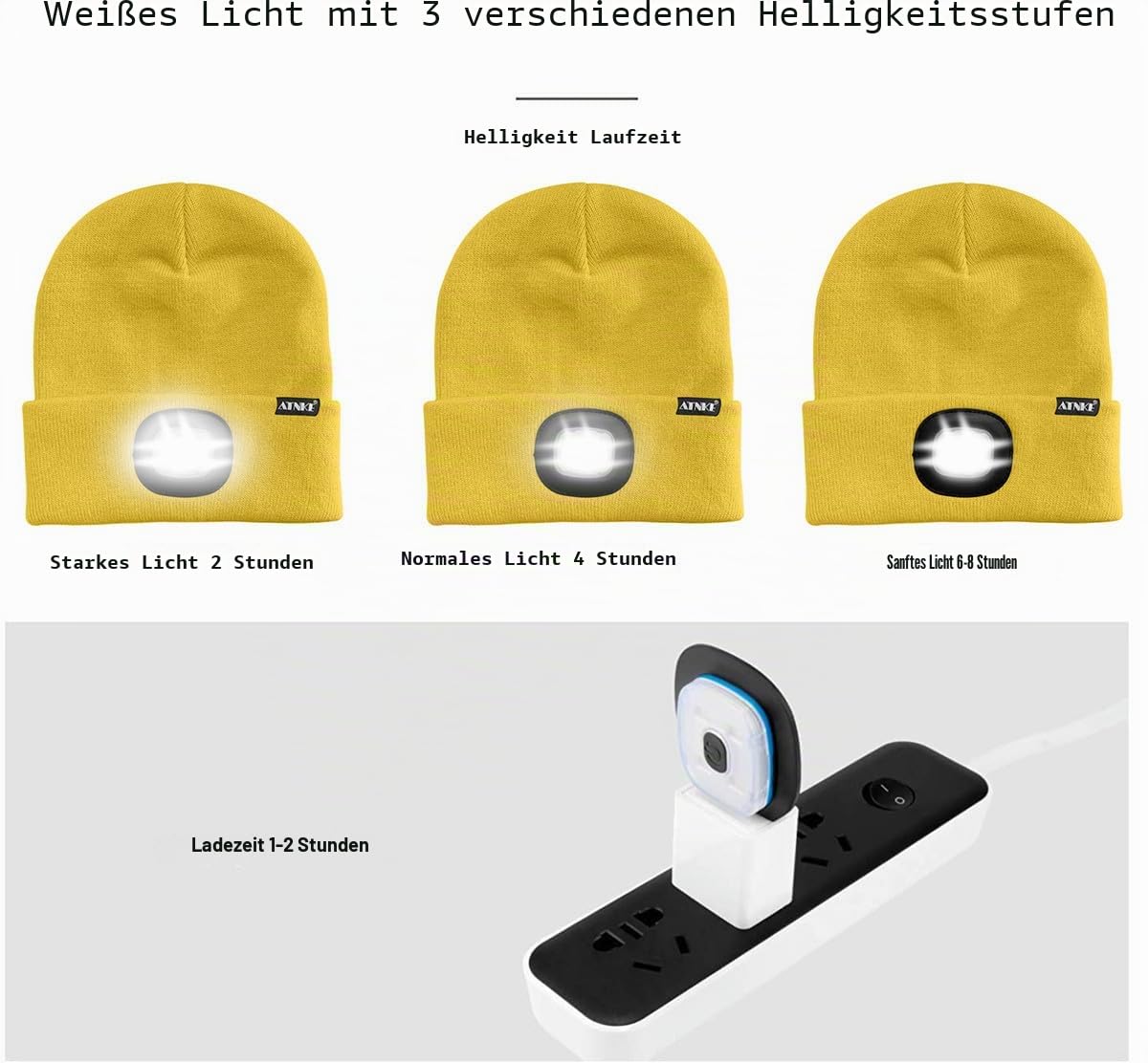ATNKE LED Beleuchtete Mütze,Wiederaufladbare USB Laufmütze mit Licht Extrem Heller 4 LED Lampe Winter Warme Stirnlampe für Herren und Damen Geschenke