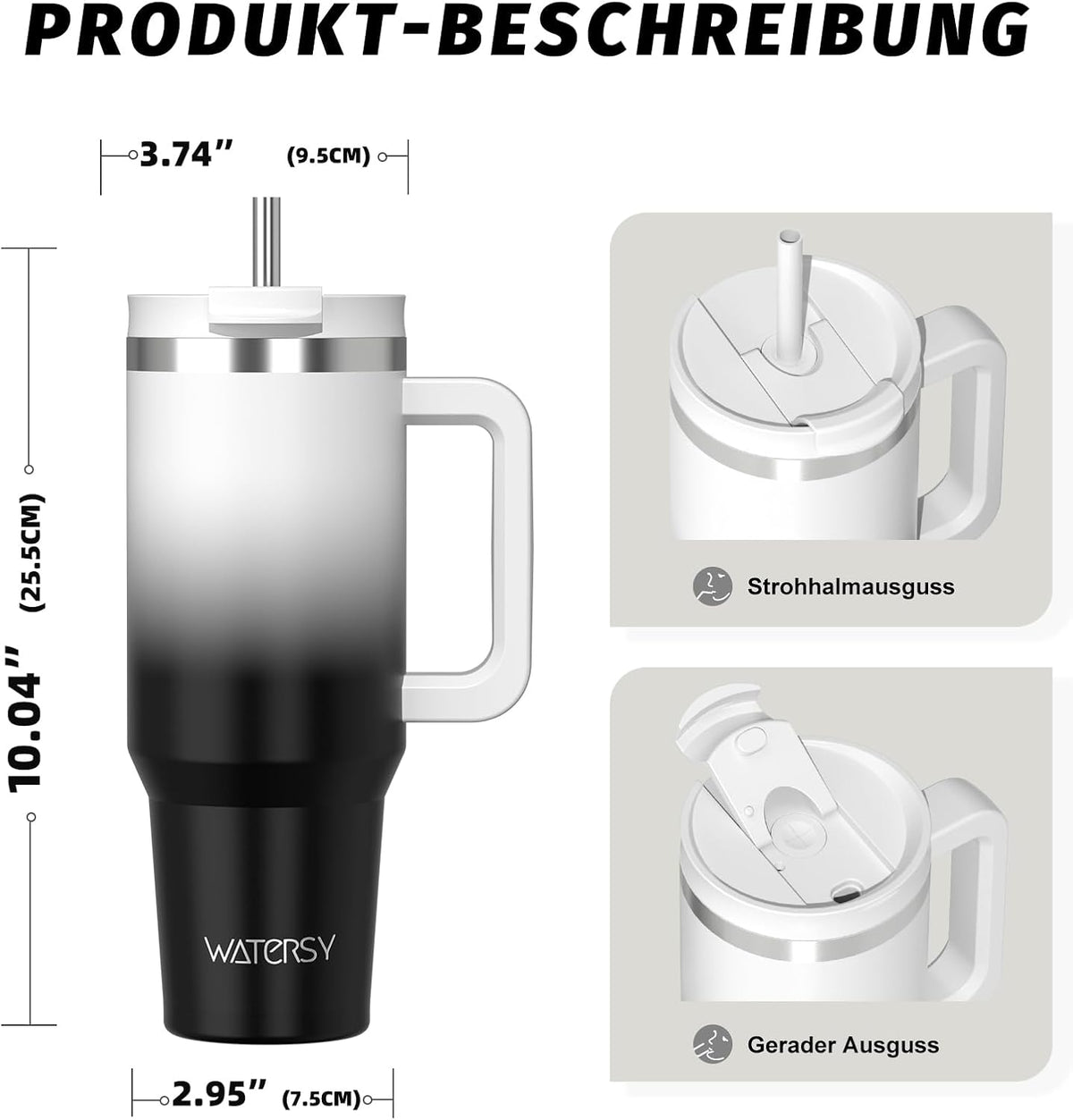 WATERSY 1.2L Thermobecher mit 2 Strohhalmen, Trinkbecher Auslaufsicherer Kaffeebecher To Go Vakuum-Isoliert mit BPA frei Schraubdeckel, Trinkflasche Kühlt 12 Stunden,Tiefseelndigo