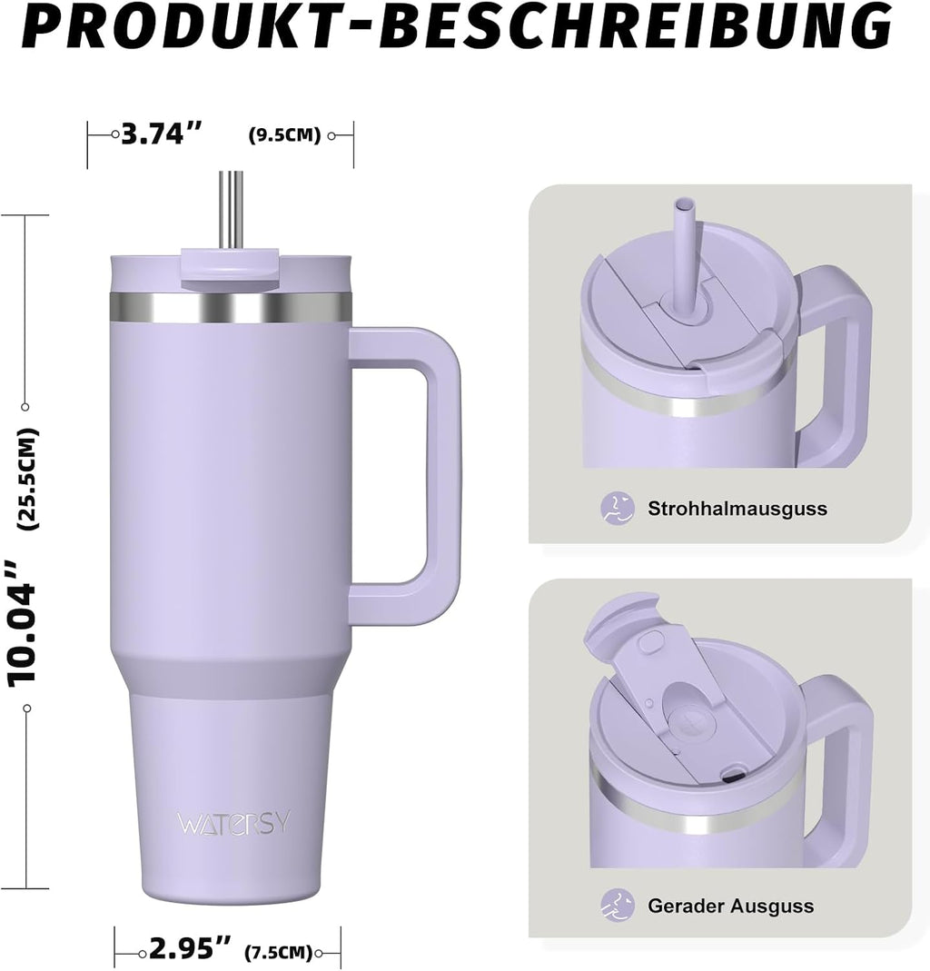 WATERSY 1.2L Thermobecher mit 2 Strohhalmen, Trinkbecher Auslaufsicherer Kaffeebecher To Go Vakuum-Isoliert mit BPA frei Schraubdeckel, Trinkflasche Kühlt 12 Stunden,Tiefseelndigo