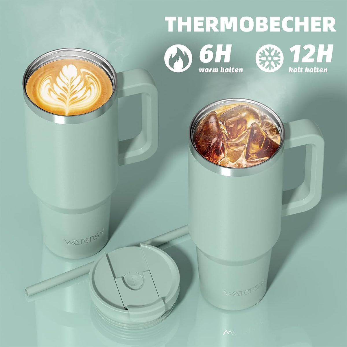 WATERSY 1.2L Thermobecher mit 2 Strohhalmen, Trinkbecher Auslaufsicherer Kaffeebecher To Go Vakuum-Isoliert mit BPA frei Schraubdeckel, Trinkflasche Kühlt 12 Stunden,Tiefseelndigo
