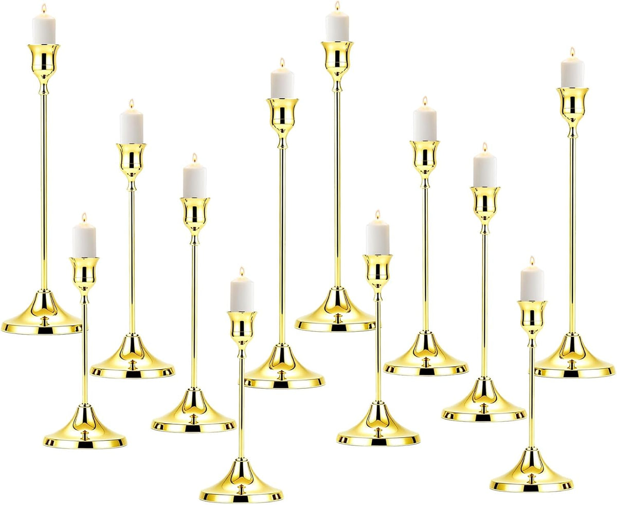 12er Set Goldene Kerzenständer 22/19/16cm – für Tisch, Kamin & Party