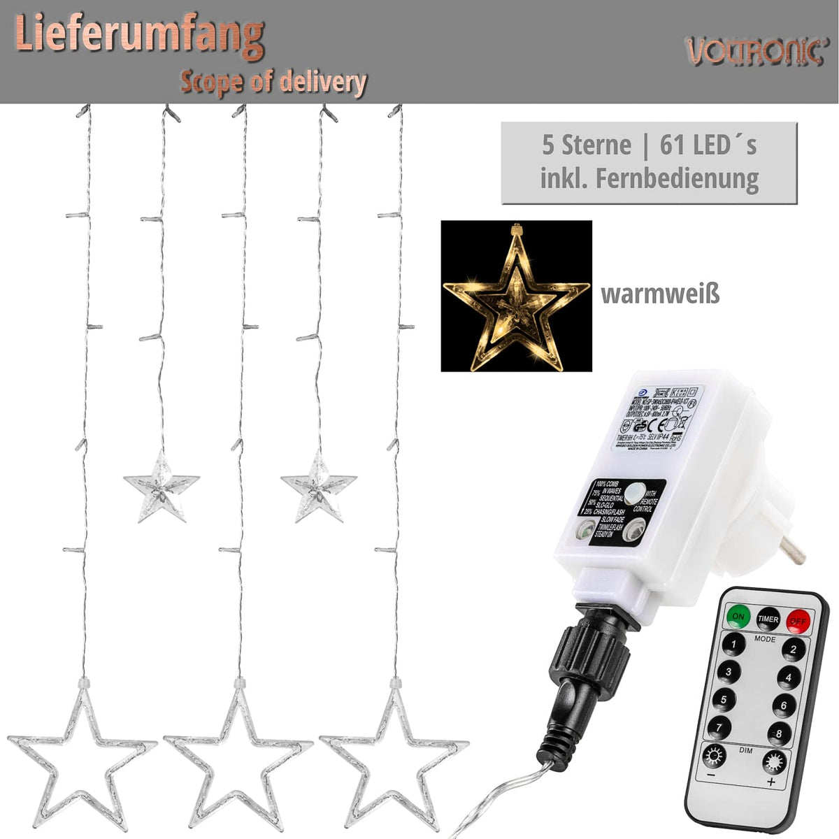 VOLTRONIC LED-Lichtvorhang, für den Innen- und Außenbereich, IP44, Modell und Farbe nach Wahl, Fernsteuerung