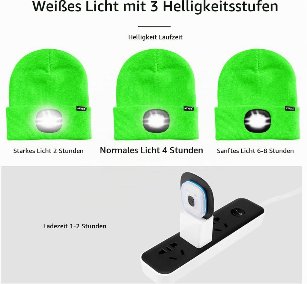 ATNKE LED Beleuchtete Mütze,Wiederaufladbare USB Laufmütze mit Licht Extrem Heller 4 LED Lampe Winter Warme Stirnlampe für Herren und Damen Geschenke