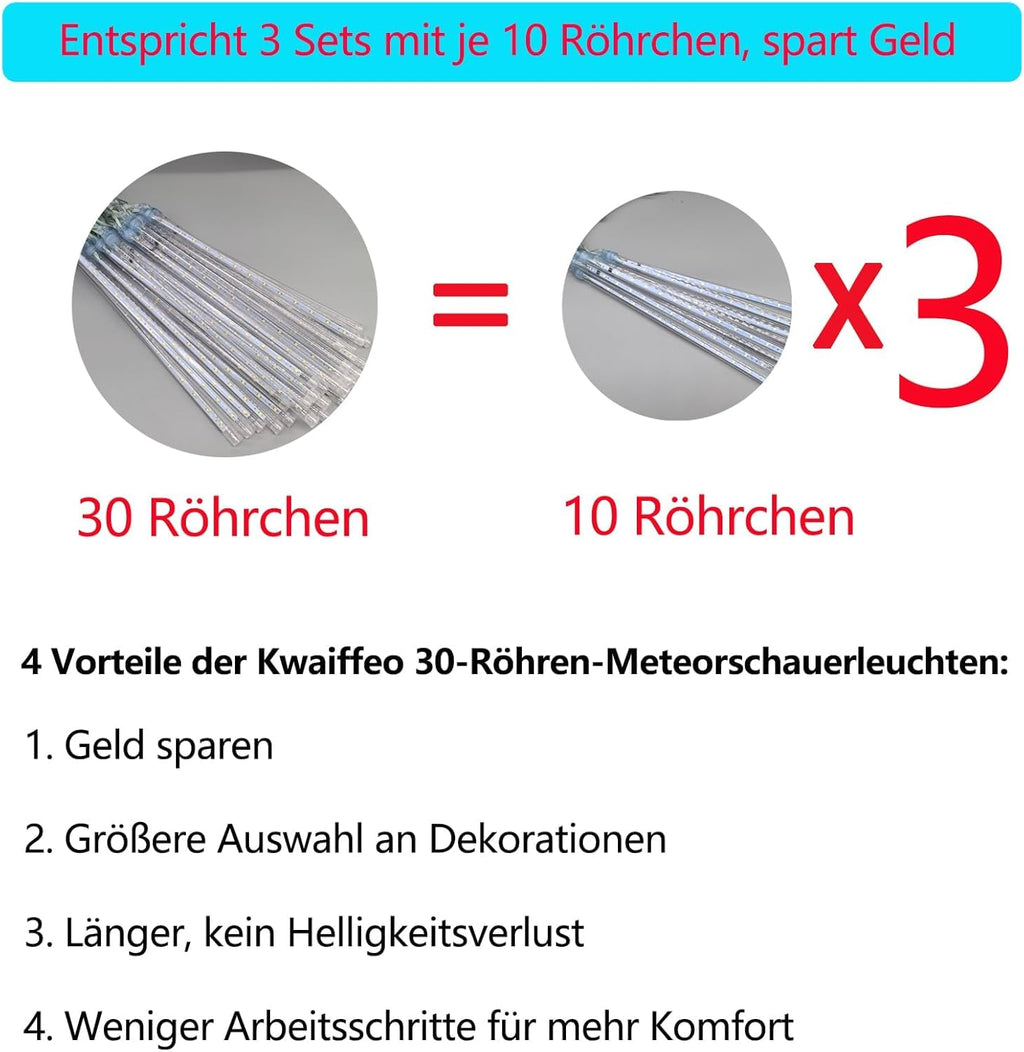 Kwaiffeo Weihnachtsdeko,10 Röhren LED Meteorschauer Lichterkette Außen, Wasserdichte Fallende Regen Lichter für Weihnachten Halloween Weihnachtsbaum Hochzeit Garten Fenster, Mehrfarbig