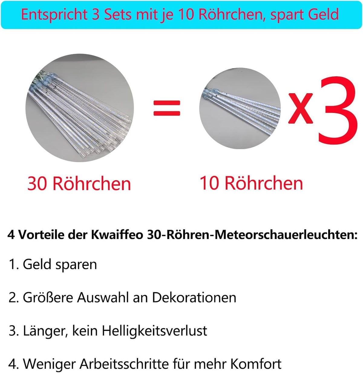 Kwaiffeo Weihnachtsdeko,10 Röhren LED Meteorschauer Lichterkette Außen, Wasserdichte Fallende Regen Lichter für Weihnachten Halloween Weihnachtsbaum Hochzeit Garten Fenster, Mehrfarbig