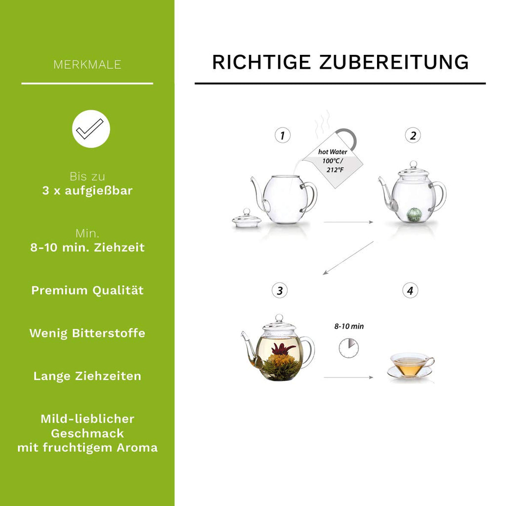 Creano 6 Teeblumen Geschenkbox weißer, schwarzer & grüner Tee in edler Magnetbox mit Silberprägung - 6 verschiedene Sorten - Geschenk zu Weihnachten