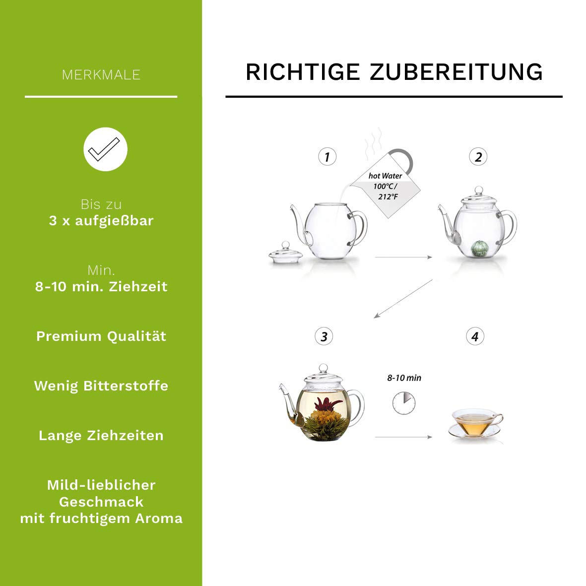 Creano 6 Teeblumen Geschenkbox weißer, schwarzer & grüner Tee in edler Magnetbox mit Silberprägung - 6 verschiedene Sorten - Geschenk zu Weihnachten