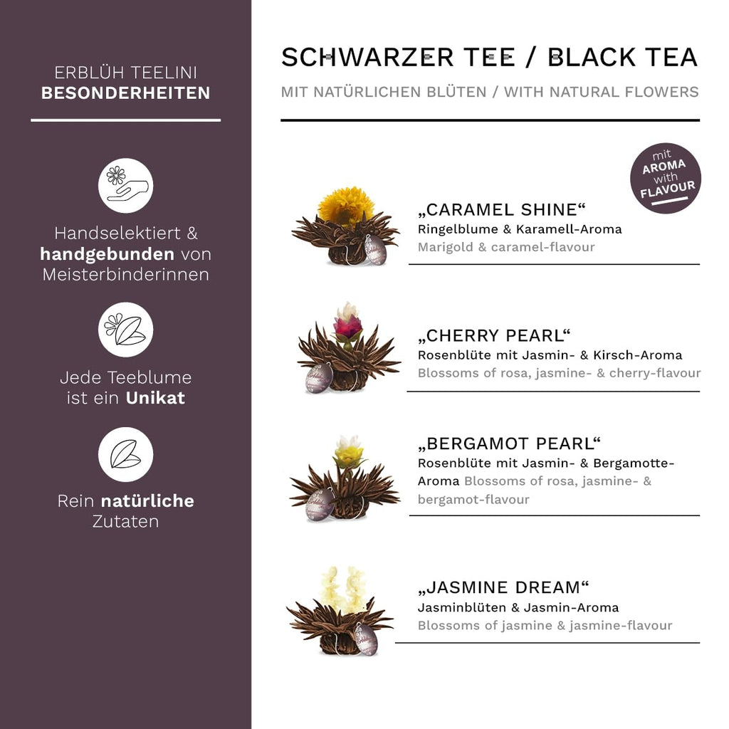 Creano 6 Teeblumen Geschenkbox weißer, schwarzer & grüner Tee in edler Magnetbox mit Silberprägung - 6 verschiedene Sorten - Geschenk zu Weihnachten
