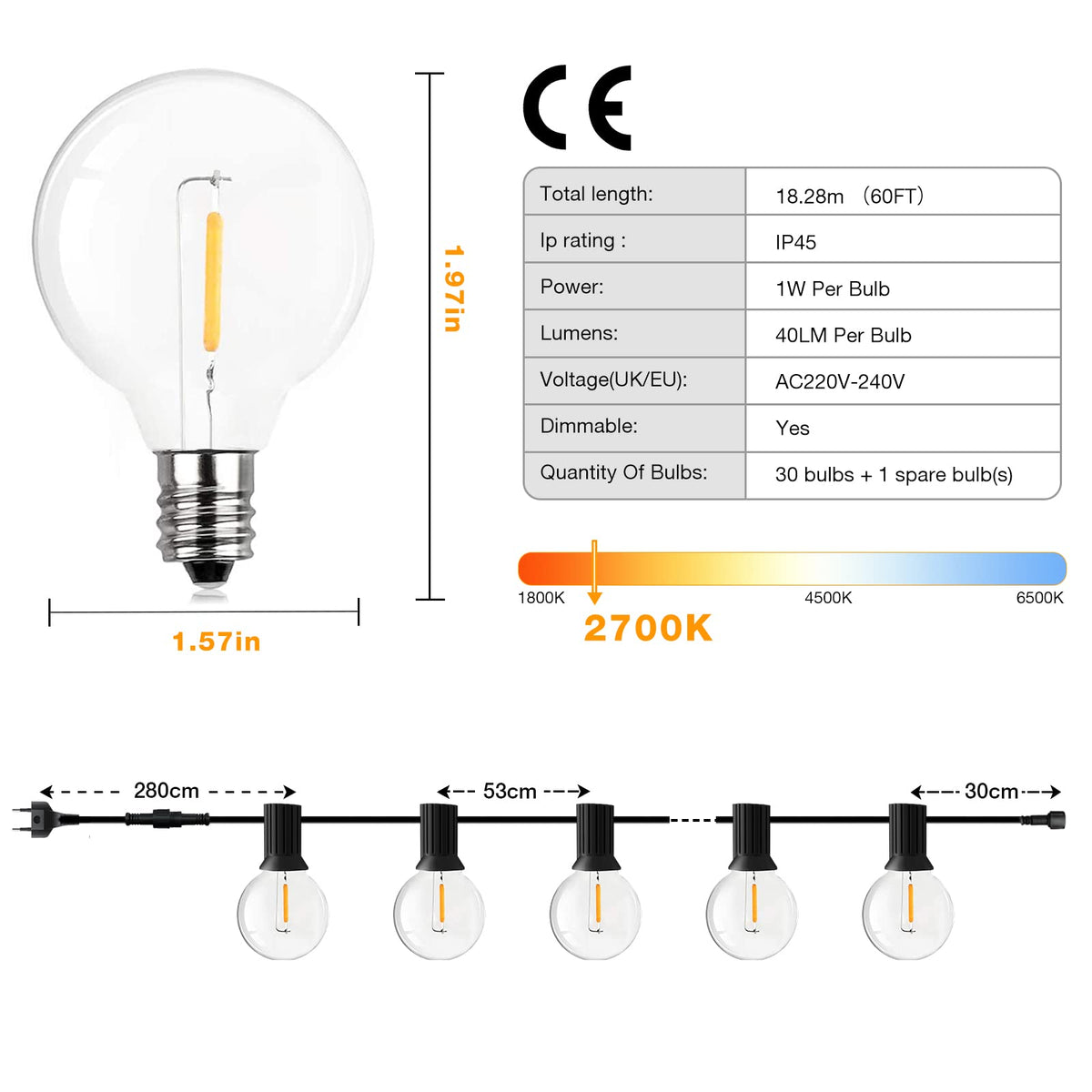 GPATIO Lichterkette Outdoor Außen LED Strom, 30M Lichterketten mit 52 Bulbs