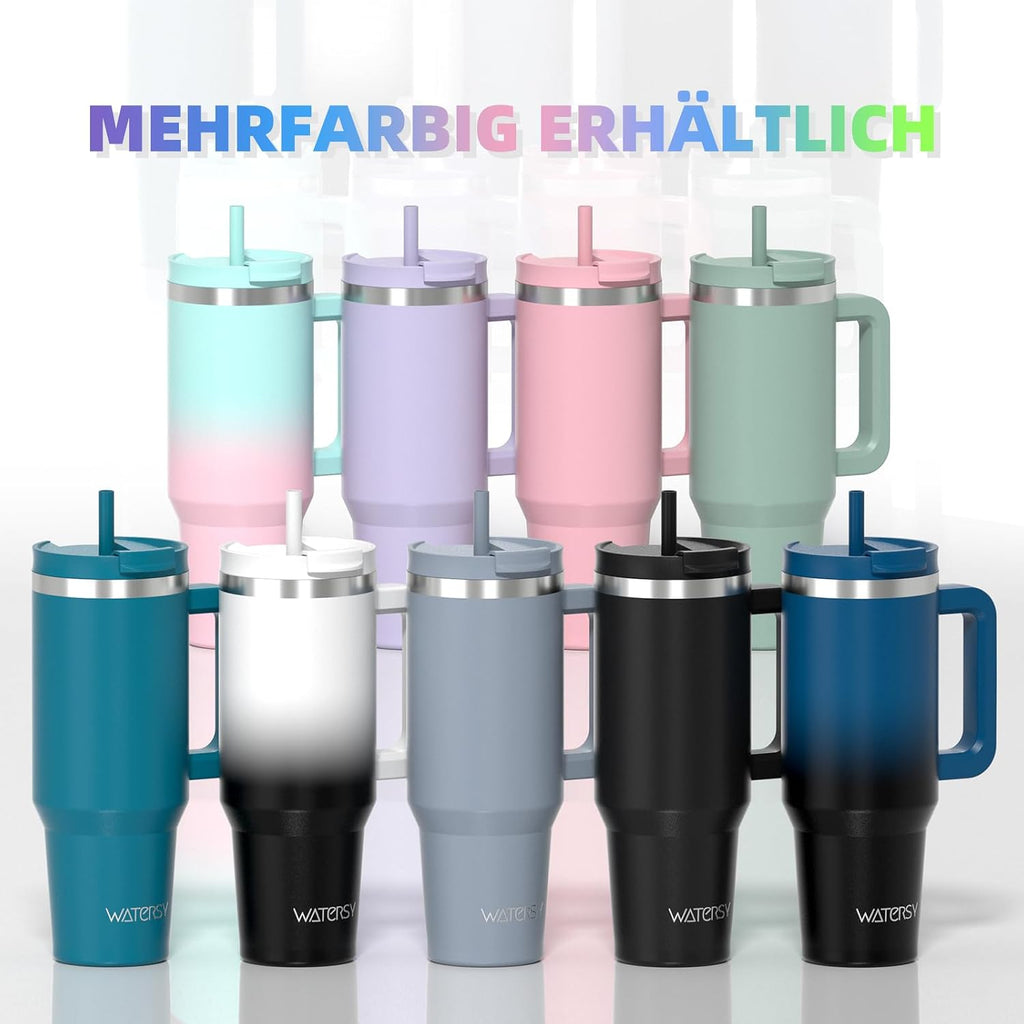 WATERSY 1.2L Thermobecher mit 2 Strohhalmen, Trinkbecher Auslaufsicherer Kaffeebecher To Go Vakuum-Isoliert mit BPA frei Schraubdeckel, Trinkflasche Kühlt 12 Stunden,Tiefseelndigo