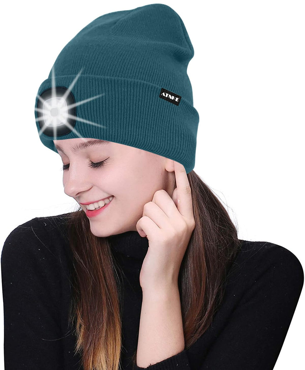 ATNKE LED Beleuchtete Mütze,Wiederaufladbare USB Laufmütze mit Licht Extrem Heller 4 LED Lampe Winter Warme Stirnlampe für Herren und Damen Geschenke