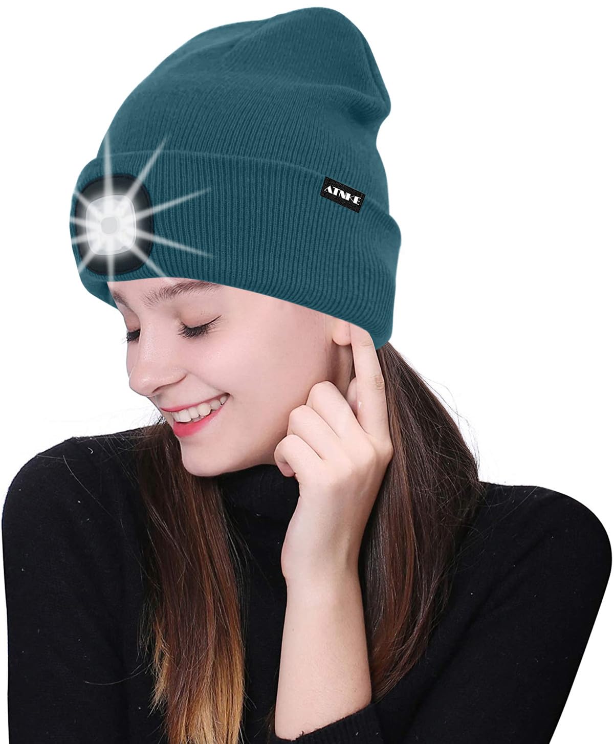 ATNKE LED Beleuchtete Mütze,Wiederaufladbare USB Laufmütze mit Licht Extrem Heller 4 LED Lampe Winter Warme Stirnlampe für Herren und Damen Geschenke