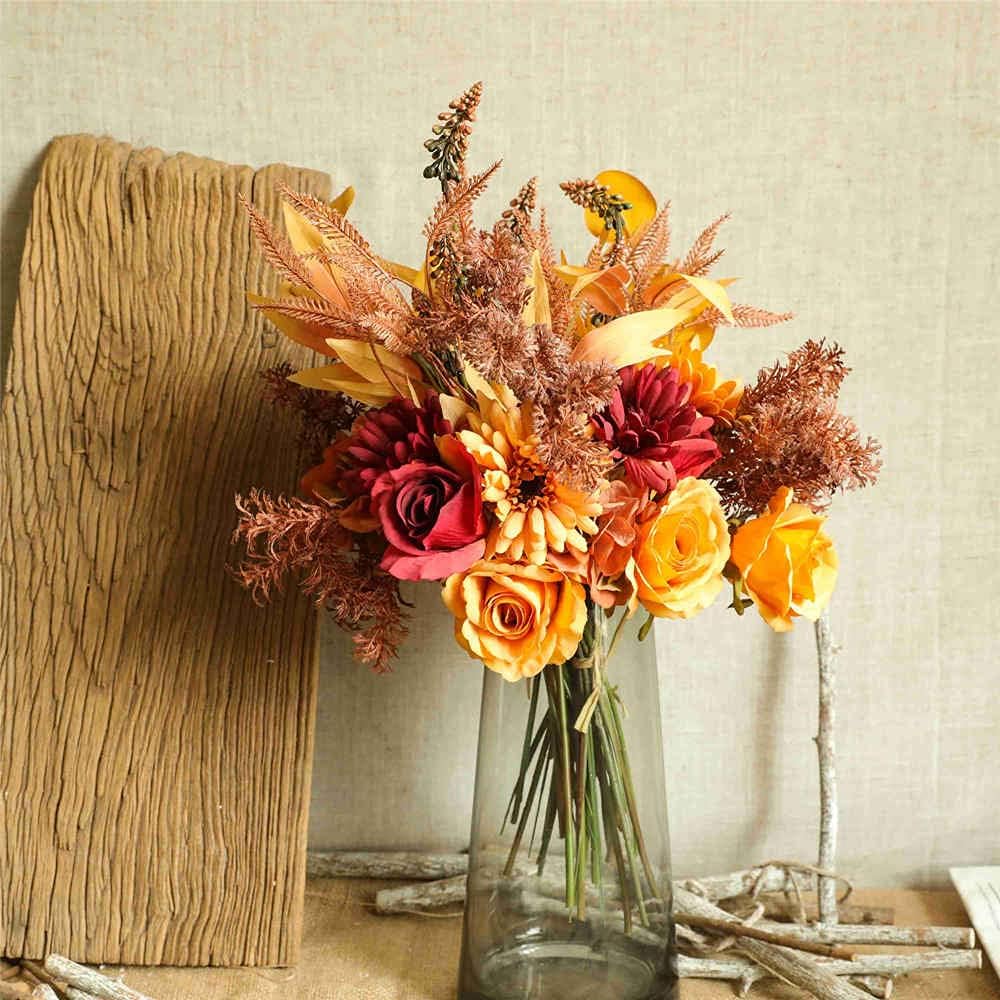 KIRIFLY Kunstblumen Künstliche Pflanzen Blumen Deko Seidenblumen Blumenarrangements Kernstück Hochzeit Blumenstrauß(Herbstrot)