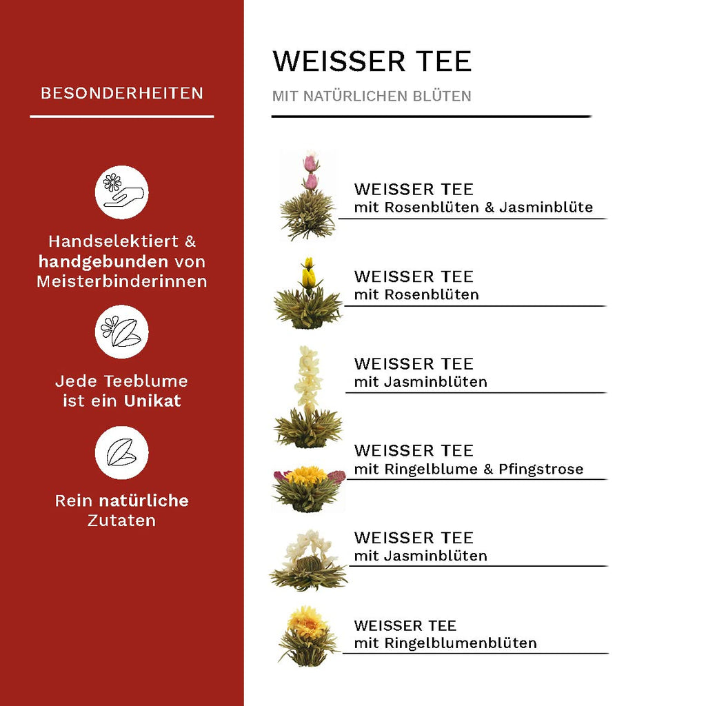 Creano 6 Teeblumen Geschenkbox weißer, schwarzer & grüner Tee in edler Magnetbox mit Silberprägung - 6 verschiedene Sorten - Geschenk zu Weihnachten