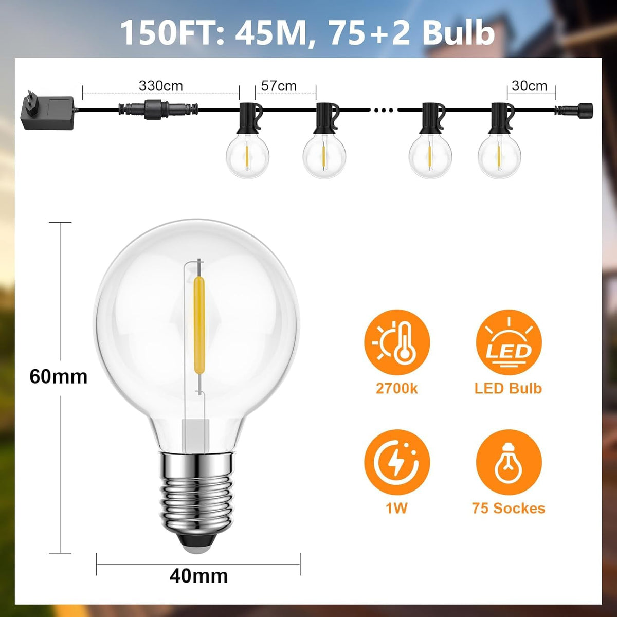 GPATIO Lichterkette Outdoor Außen LED Strom, 30M Lichterketten mit 52 Bulbs