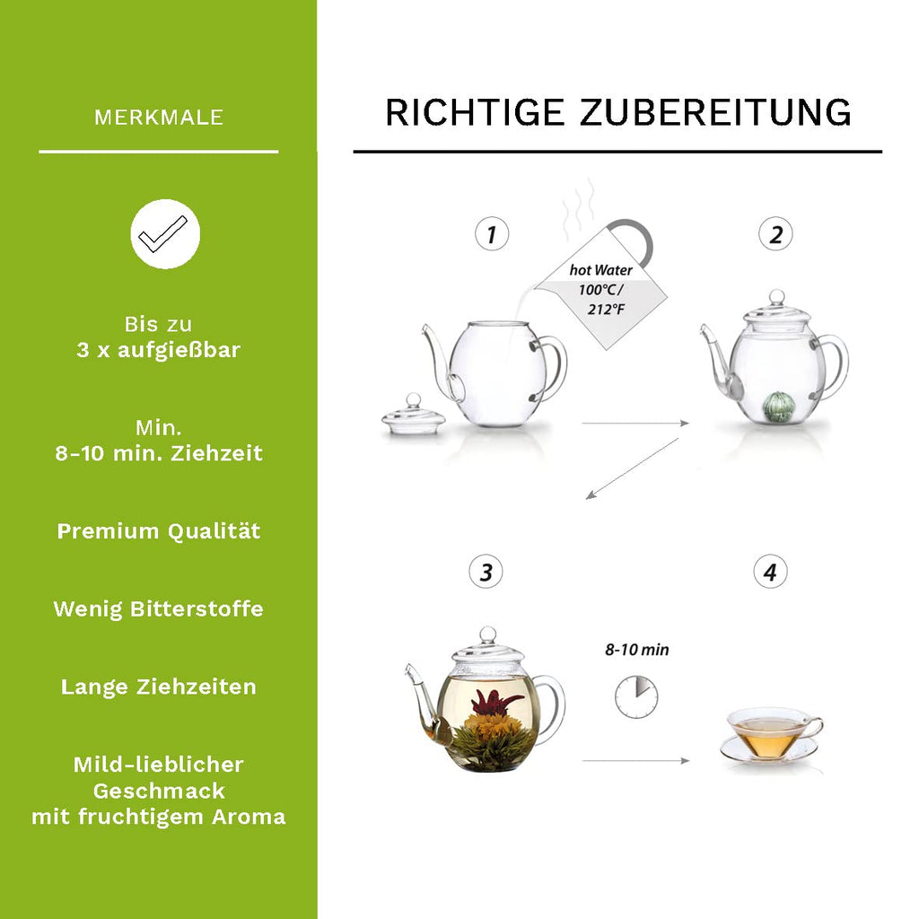 Creano 6 Teeblumen Geschenkbox weißer, schwarzer & grüner Tee in edler Magnetbox mit Silberprägung - 6 verschiedene Sorten - Geschenk zu Weihnachten