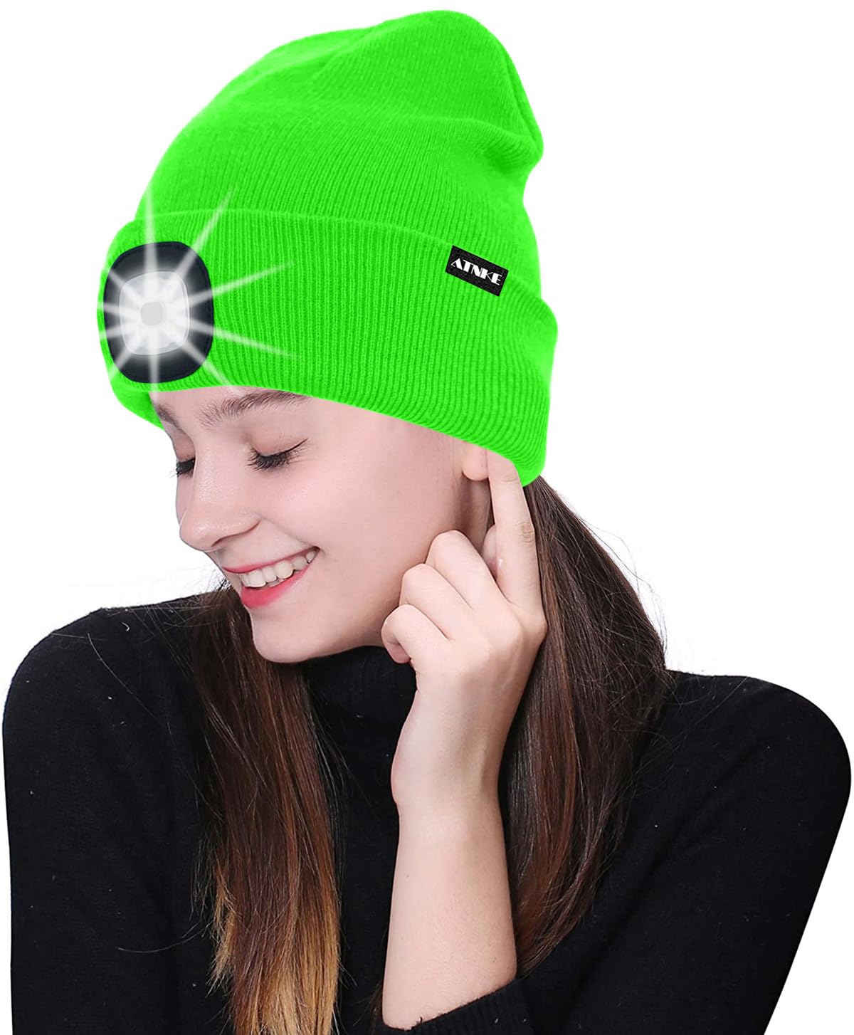 ATNKE LED Beleuchtete Mütze,Wiederaufladbare USB Laufmütze mit Licht Extrem Heller 4 LED Lampe Winter Warme Stirnlampe für Herren und Damen Geschenke